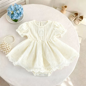 Lace Ruffle Mesh Patchwork Puff Sleeve Romper レース 半袖ロンパース【mh0013433】 angou