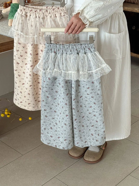 ロングパンツ・スウェットパンツ キッズパンツ チュチュチュールスカートパッチワークフラワープリントワイドルーズストレートパンツ【mh0008939】