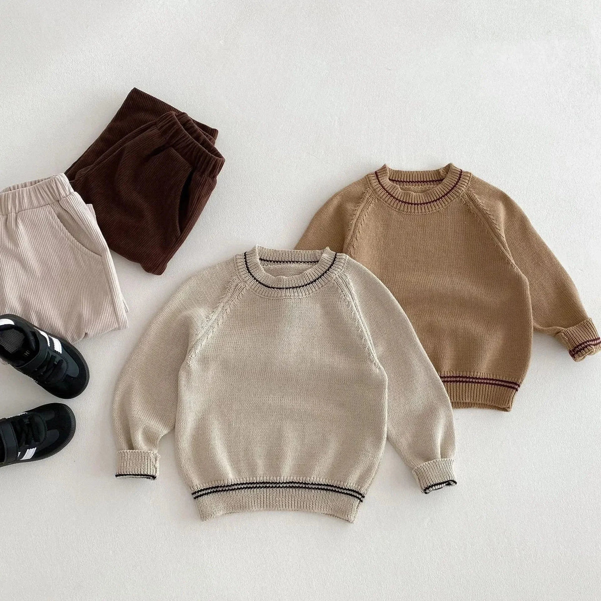 キッズ用ニット長袖セーター(ベージュ&クリーム)