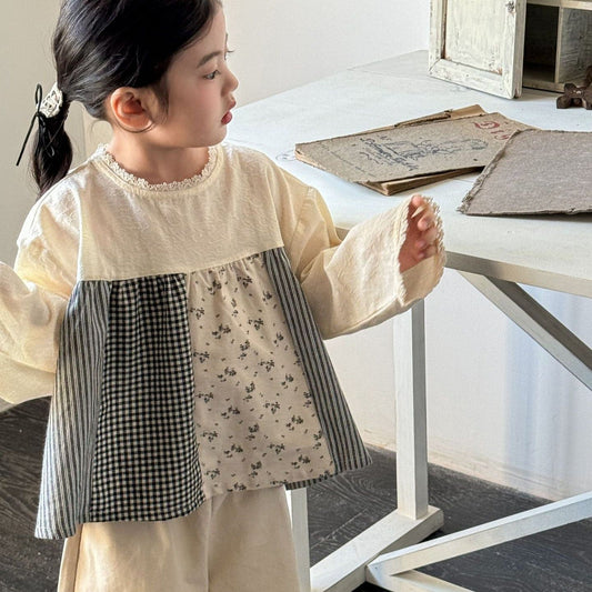 長袖シャツ・ブラウス パッチワーク長袖スモックチュニックブラウス【mh0009229】