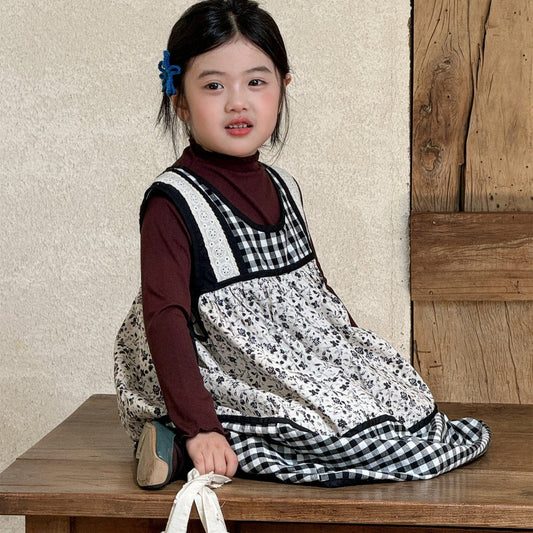 長袖セットアップ チェック柄小花プリントノースリーブワンピース レイヤードワンピース【mh0010991】