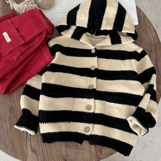 カーディガン・パーカー Stripe / 90cm ボーダー柄フード付きニットカーディガン キッズセーター【mh0010998】