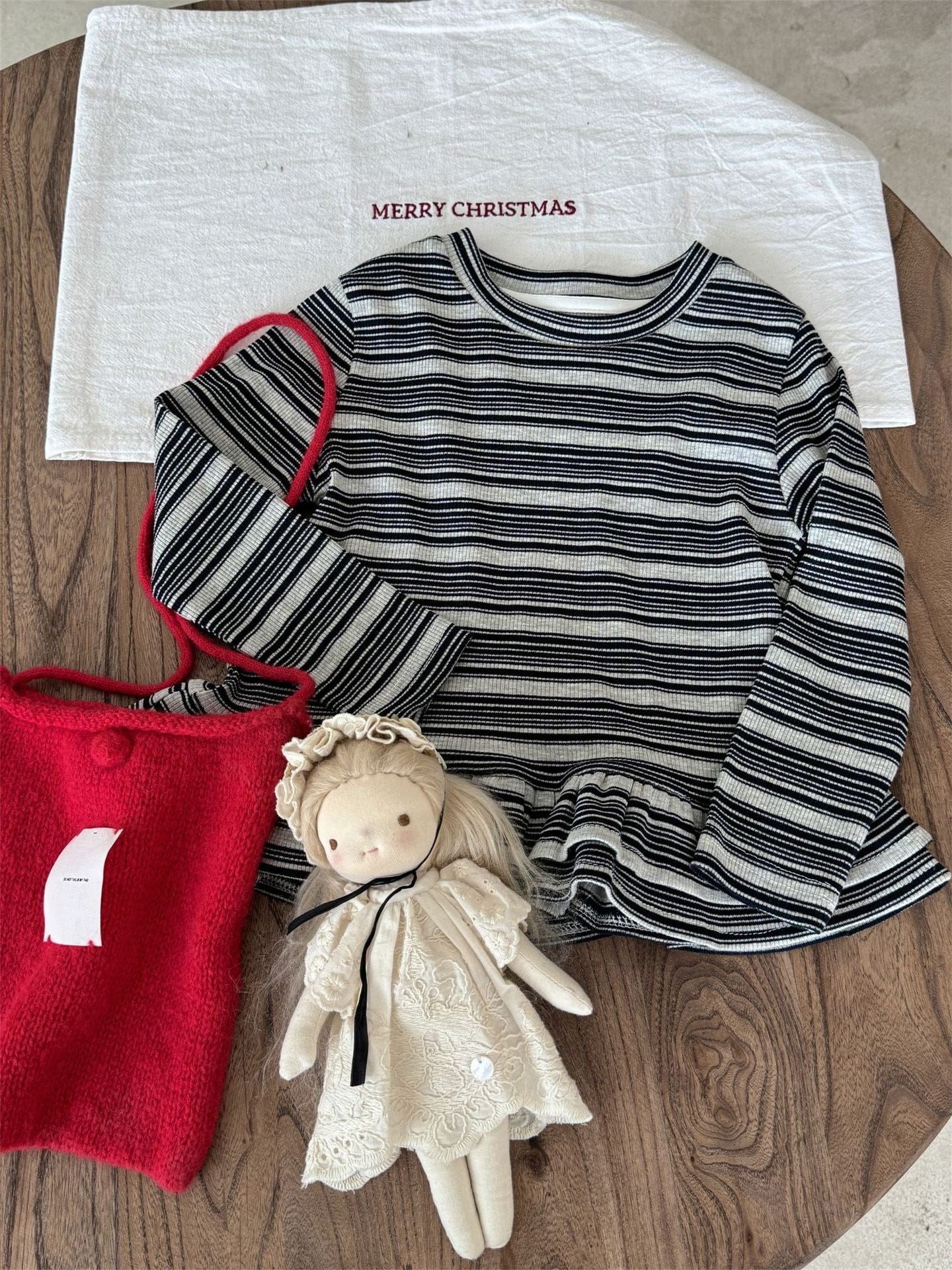 長袖Tシャツ ボーダー柄フリルヘムニットトップス キッズ長袖カットソー【mh0010996】