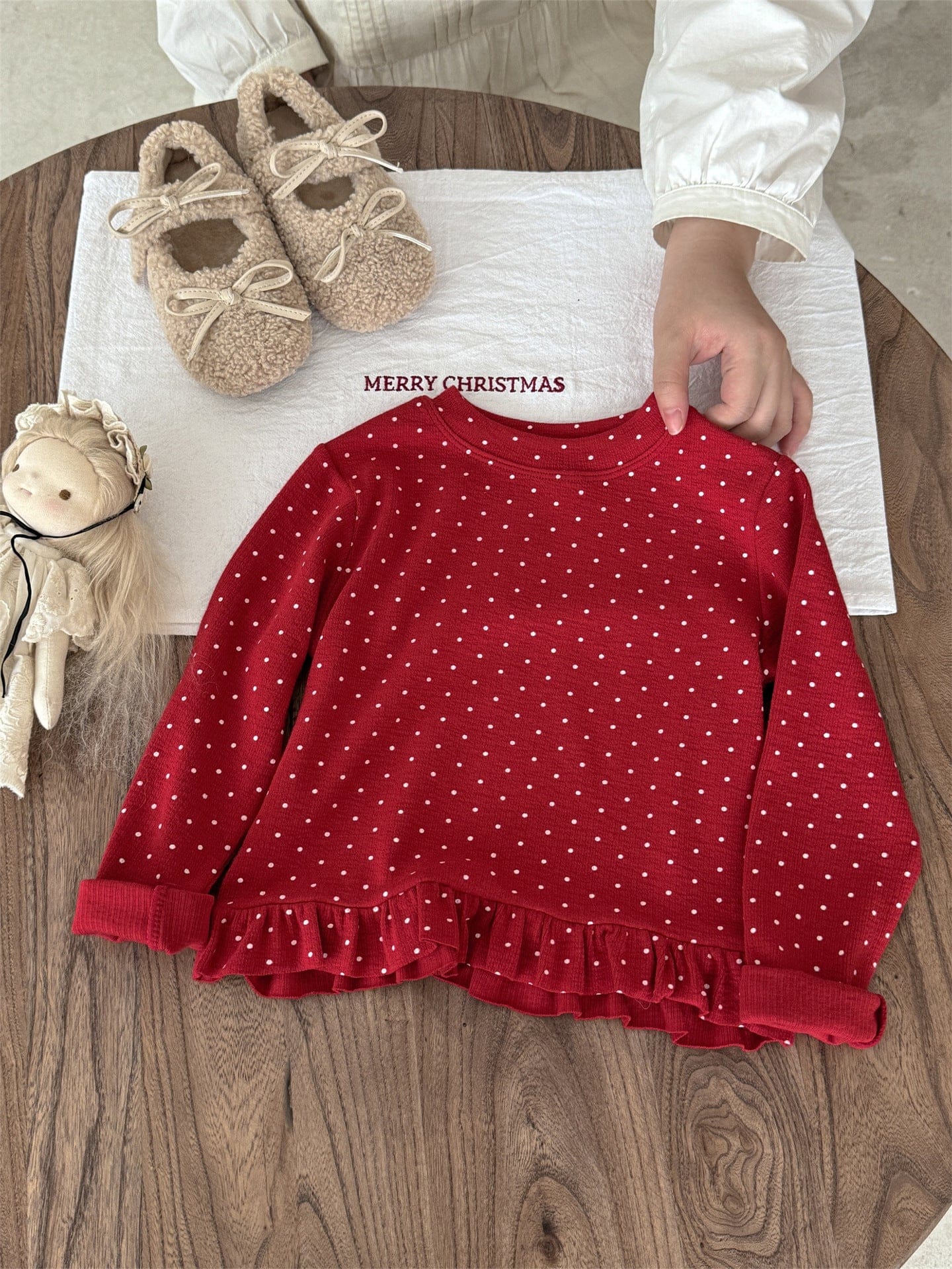 長袖Tシャツ ドット柄フリルヘム長袖Tシャツ キッズカットソー【mh0011004】