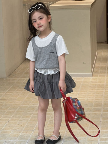 Layered Short-Sleeve T-shirt Lace Skirt ドッキング 半袖Tシャツ フリルスカート【mh0013303】 Mu Zika 半袖セットアップ
