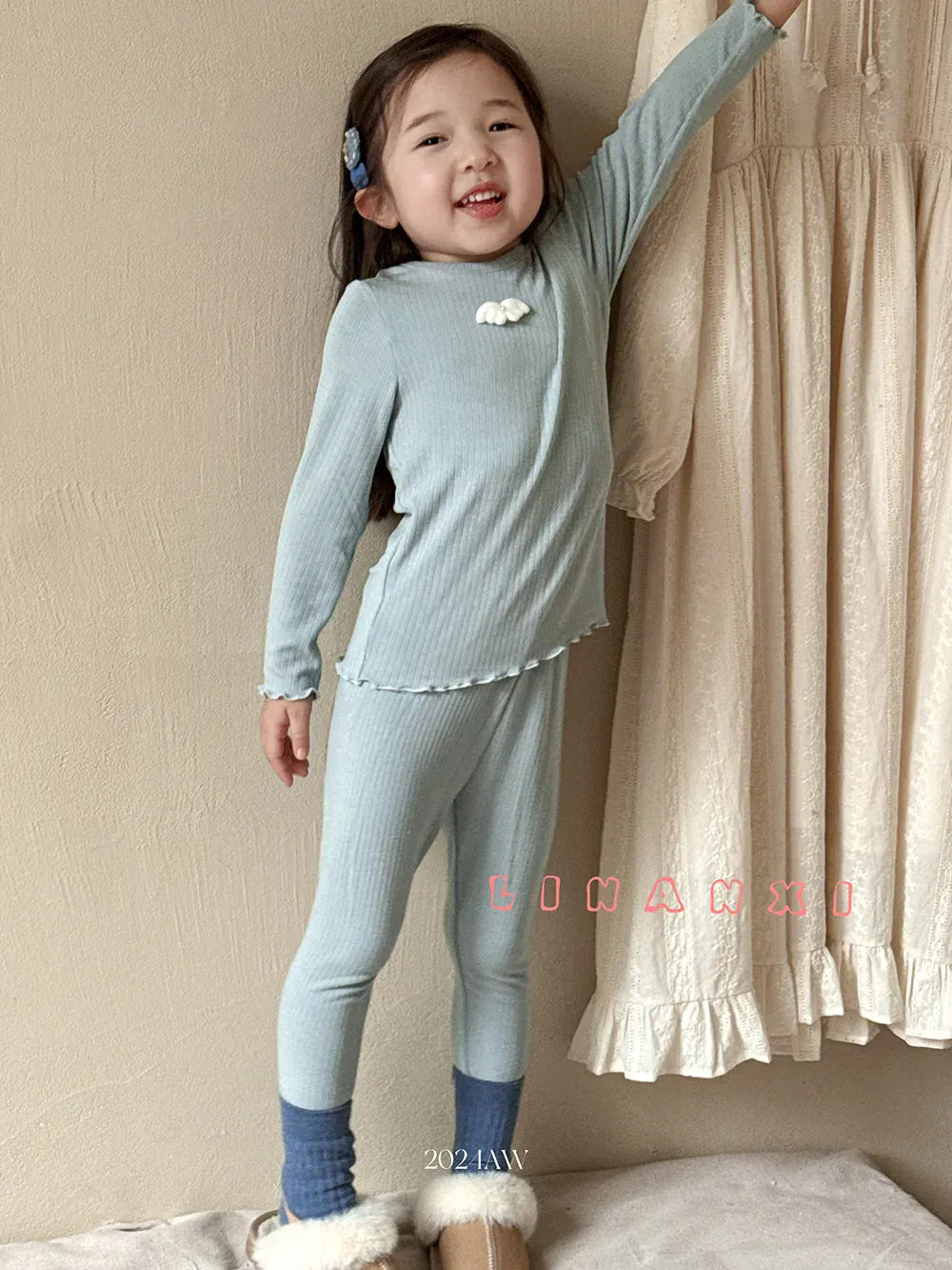 長袖パジャマ blue / 90cm キッズジュニアパジャマセット 長袖Tシャツ+ロングパンツ ガーリースタイル【mh0007028】