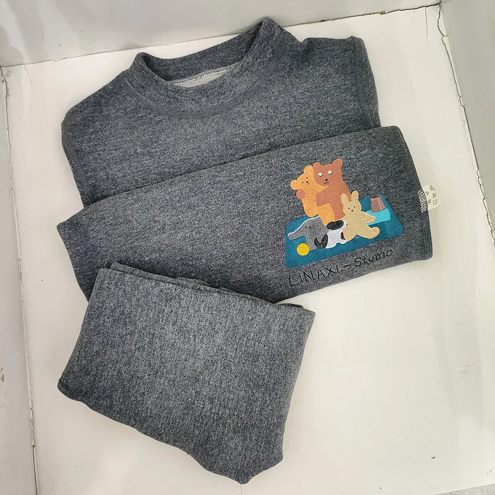 長袖パジャマ dark grey / 90cm 24M キッズセットアップ 2点セット アニマルプリントボーダー/無地長袖パジャマセット ハイネック長袖Tシャツ+ロングパンツ【mh0007851】