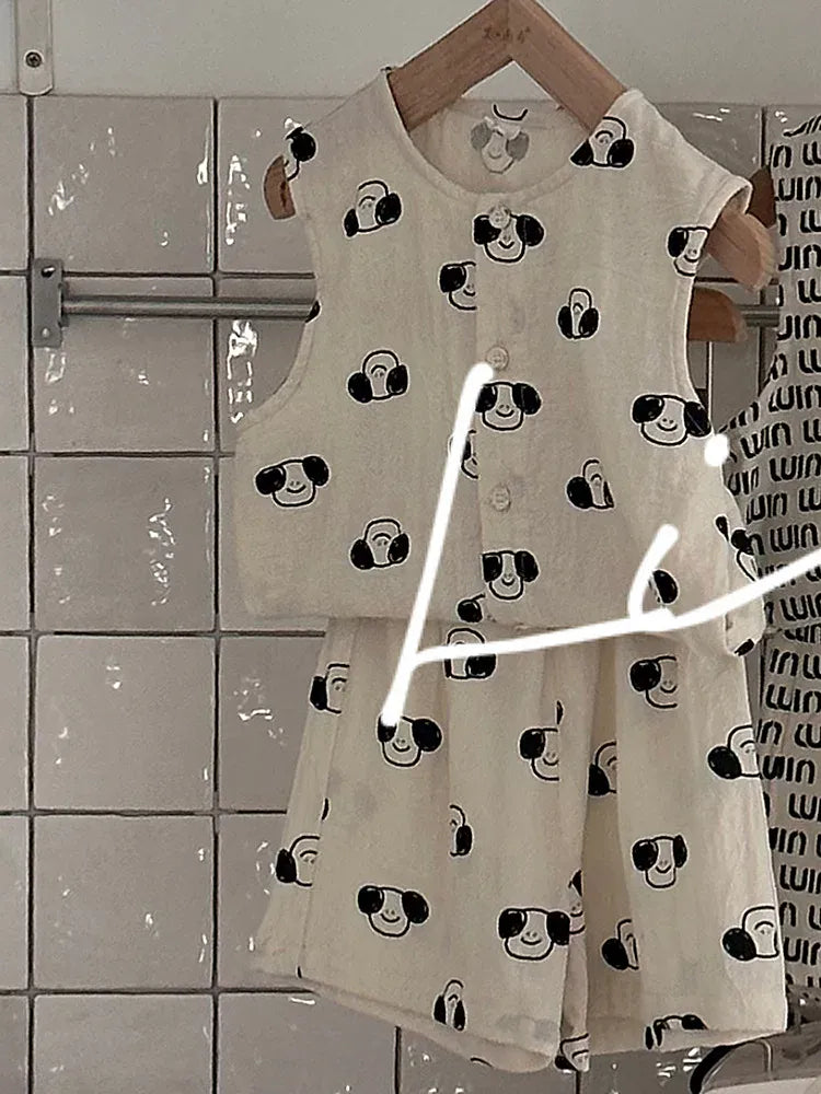 ノースリーブセットアップ DOG / 24M 90CM キッズセットアップ 2点セット コットンリネン プリントノースリーブトップス+ショートパンツ 5柄【mh0005557】