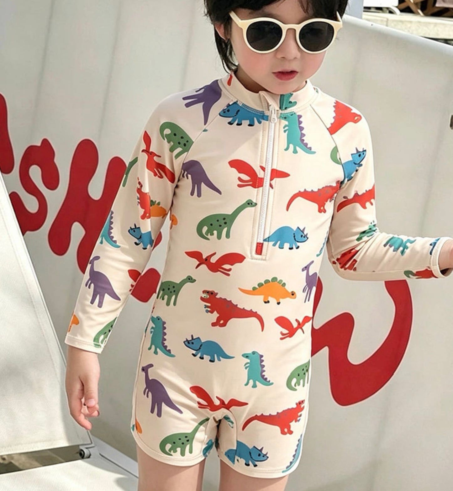 Long-Sleeve Dinosaur One-Piece Swimwear Swimcap Set ラグラン 長袖水着 帽子セット【mh0013338】 mamahalo kids ベビー用水着