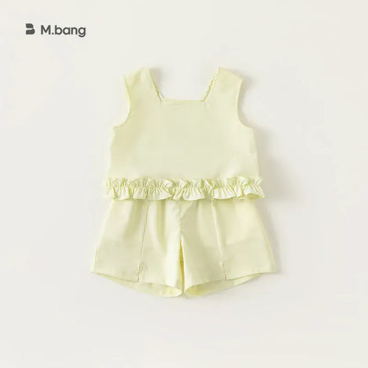 ノースリーブセットアップ キッズセットアップ 2点セット ノースリーブ裾フリルブラウス+スリットショートパンツ 2カラー【mh0005244】