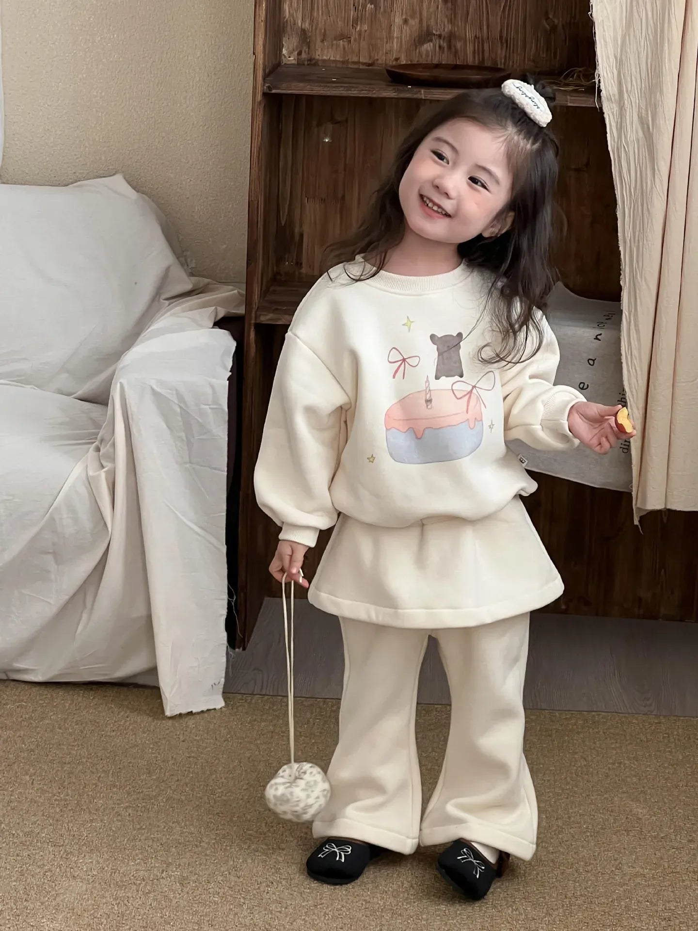 長袖セットアップ キッズセットアップ 2点セット フリース長袖スウェットシャツ+スカートドッキングフレアパンツ【mh0008502】