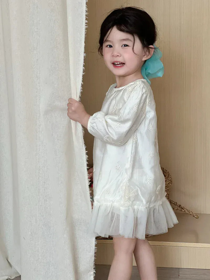 長袖ワンピース beige / 3T (100) キッズワンピース リボンエンボス刺繍裾チュールフリル長袖パフスリーブドレスワンピース【mh-0008868】