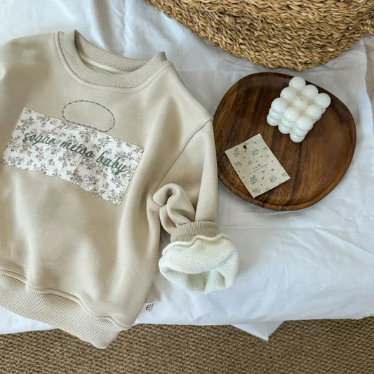 トレーナー・フーディ キッズトップス タグパッチワーク裏フリース長袖スウェットトレーナー アプリコット【mh0007250】