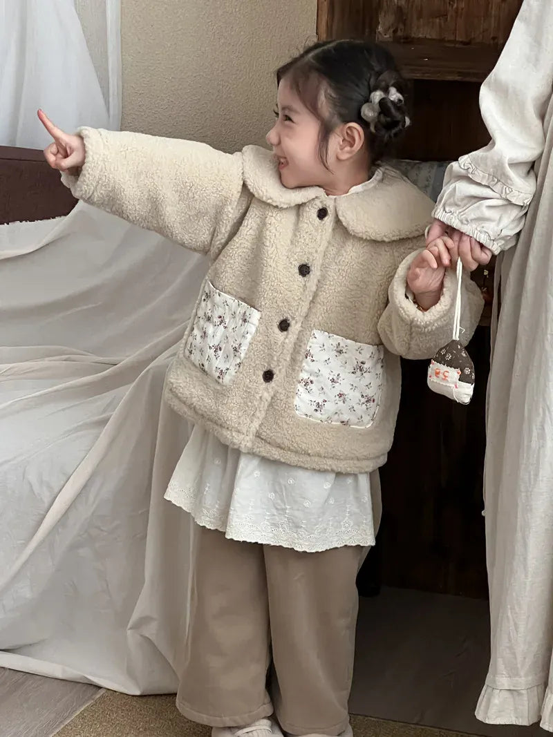 ショートコート・ジャケット・ジャンパー キッズアウター ボアフリースパッチポケット丸襟コートジャケット【mh0008155】