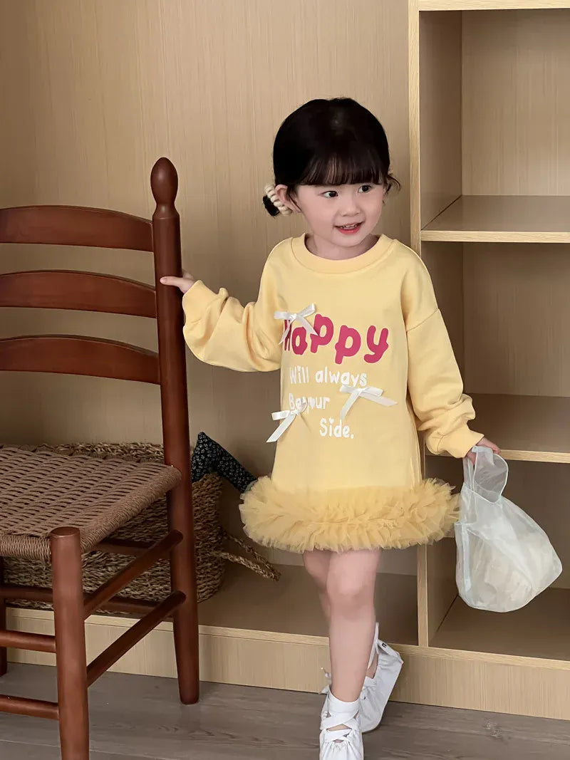 長袖ワンピース キッズワンピース レターロゴプリントリボン裾チュールフリル長袖スウェットワンピース【mh0008866】