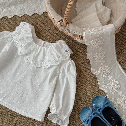 長袖シャツ・ブラウス キッズトップス レースラッフル襟長袖チュニックブラウス【mh0008867】