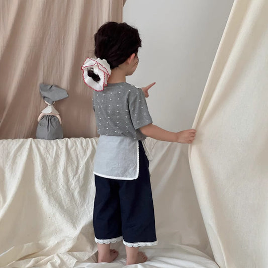 デニムパンツ レースエプロン+クロップドルーズデニムパンツジーンズ【mh0009739】