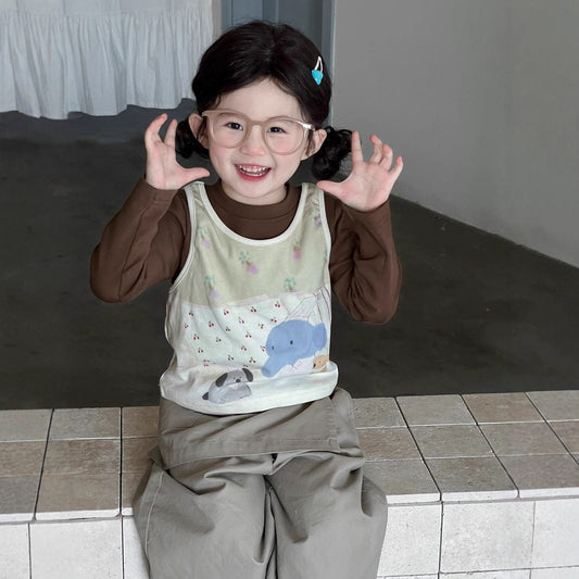 ベスト 犬アニマルプリントノースリーブベスト+長袖Tシャツ【mh0010711】