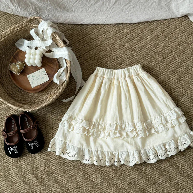 長袖セットアップ white skirts / 4T 110CM キッズジャケット/スカート ラッフルカラーフラワープリントパデッドジャケット/ダブルレースフリルスカート【mh0008147】