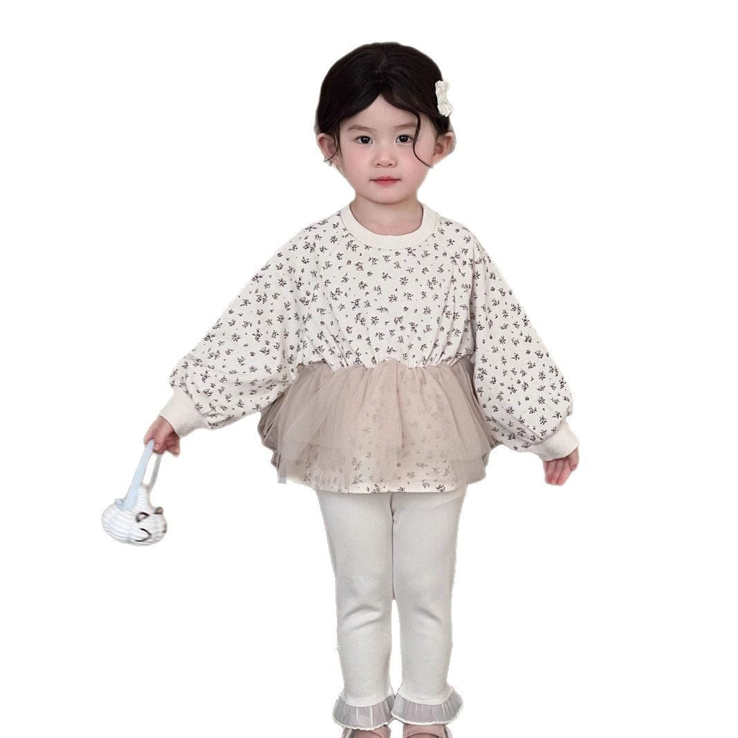長袖Tシャツ ベビートップス チュチュチュールスカートドッキングフラワープリント長袖Tシャツ【mh0009102】