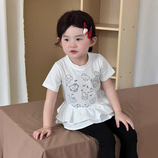 半袖Tシャツ プリントペプラムフリル半袖Tシャツ【mh0009721】