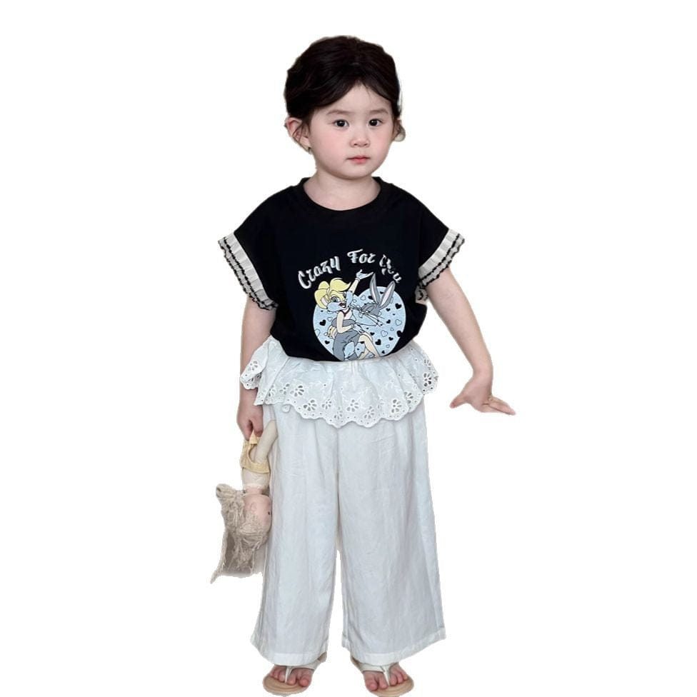 半袖Tシャツ 袖口レースフリルプリント半袖Tシャツ【mh0009731】