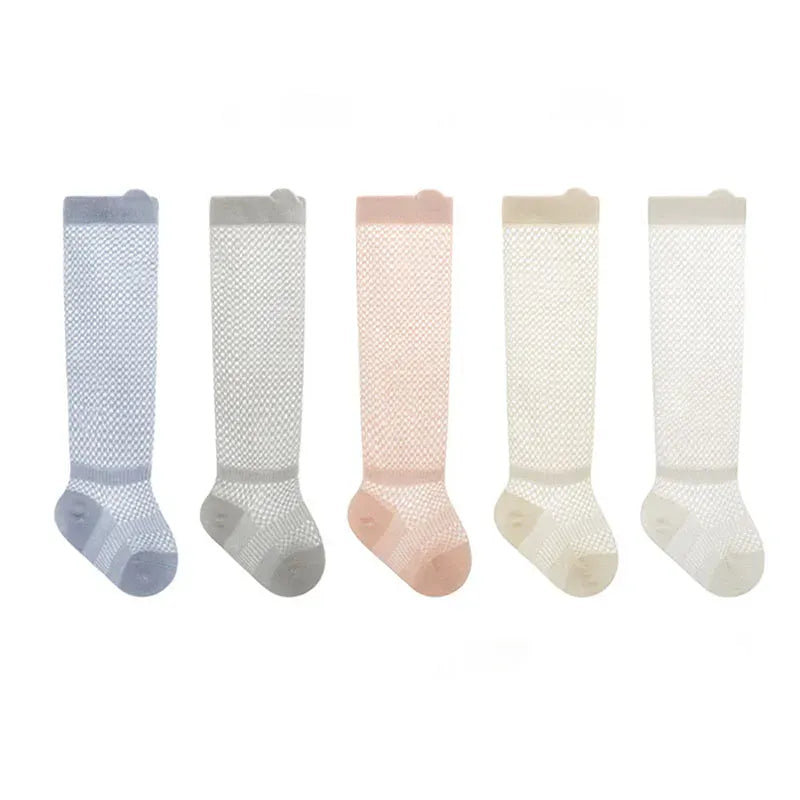 メッシュハイソックス5色セット風:青灰・白・ピンク・生成り