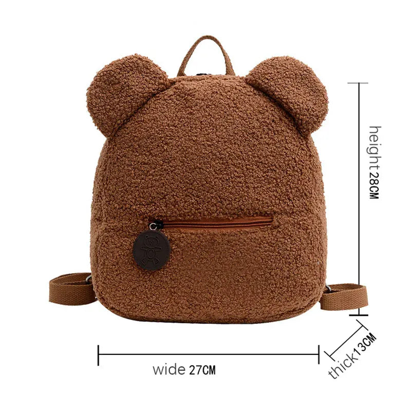 キッズ用リュック くまデザインのブラウン、サイズ表記付き(幅27cm・高さ38cm)