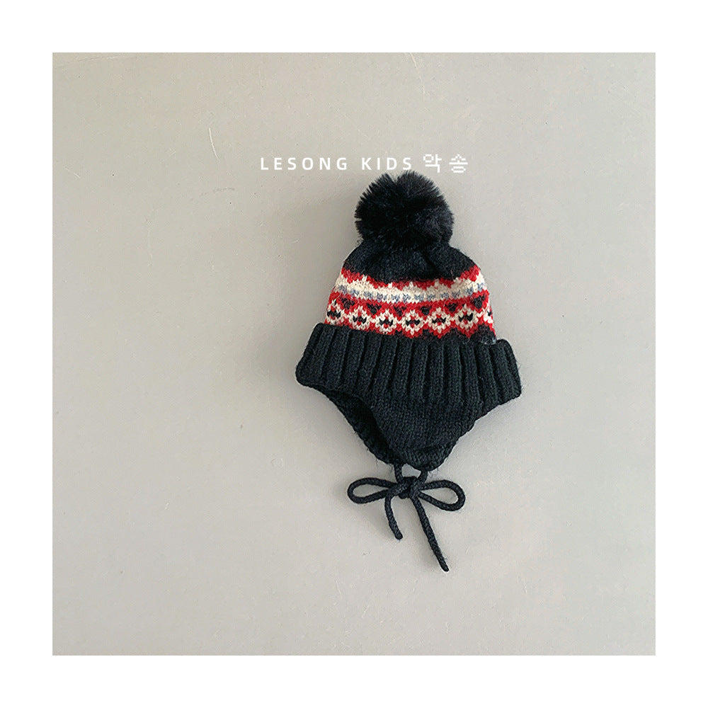 ベビー用帽子 Black / One Size キッズ帽子 ニット トライバル ぽんぽん 耳当て付き ニットキャップ【mh0011839】