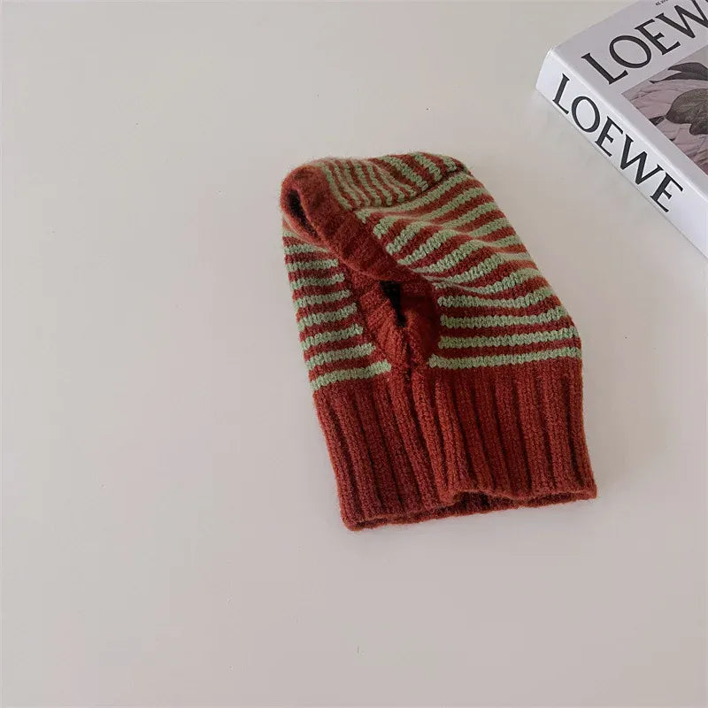 ベビー用帽子 brown green / One Size キッズ帽子 ニットフーディ ニット帽 ネックフーディー ネックウォーマー ボーダー柄 7カラー【mh0004069】