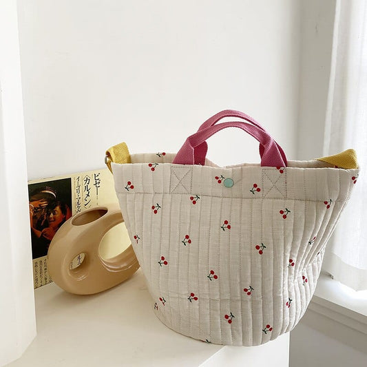 マザーズバッグ Cherry キルティング フラワー 刺繍 さくらんぼ トートバッグ メッセンジャー ママバッグ【mh0002117】