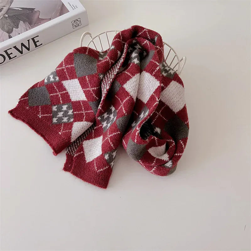 ネックウォーマー diamond-red / One Size キッズマフラー ネックウォーマー ニットスカーフ チェック柄さくらんぼチェリー柄【mh0004135】