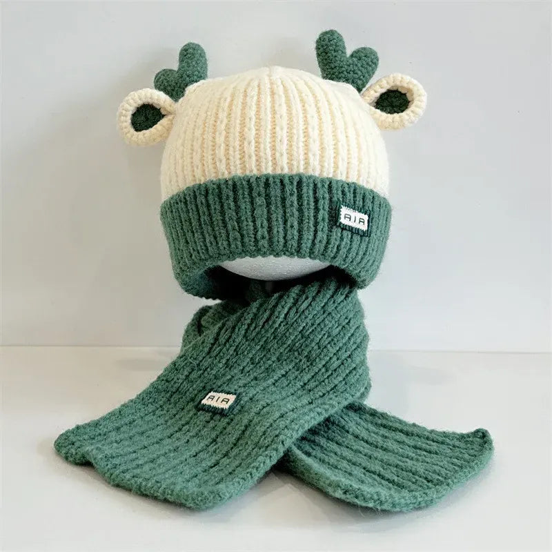 ベビー用帽子 Green / 48-50cm 1-4years キッズ帽子+マフラー エルク耳付きニットキャップニット帽+お揃いマフラー【mh0008101】