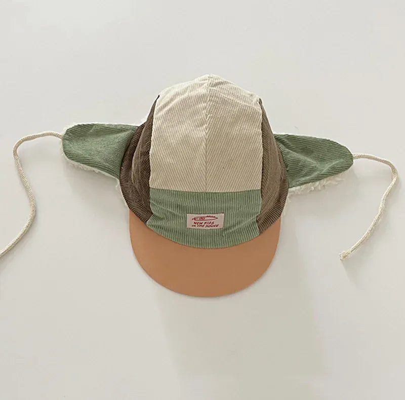 ベビー用帽子 green / 50-52cm キッズ帽子 耳付き帽子 裏ボアフリースキャップ パッチワークデザインハット 3カラー ユニセックス 男の子 女の子 子供服