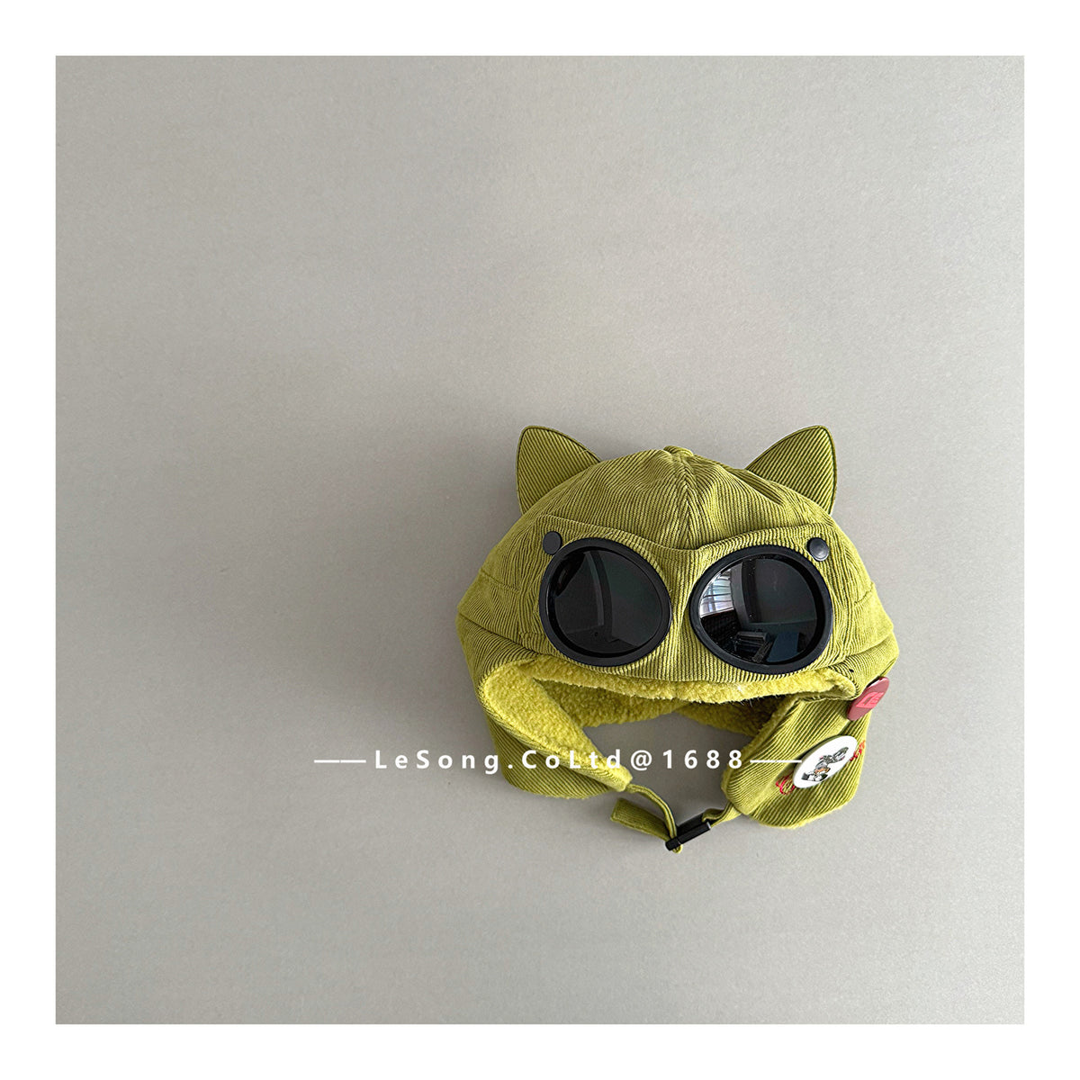 キッズ用ねこ耳パイロット帽(サングラス付き・黄緑)