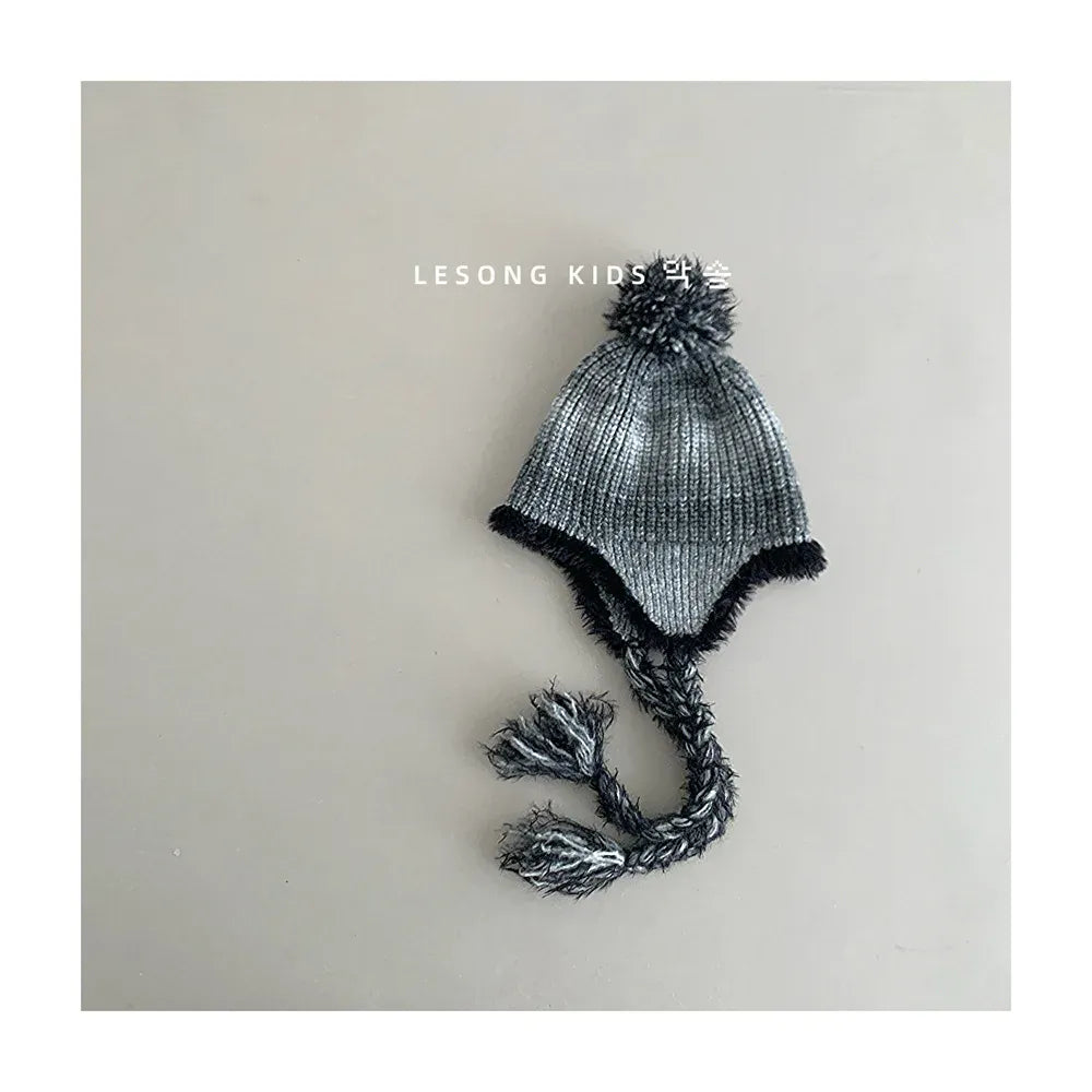 ベビー用帽子 Grey / Free size 48-53cm キッズ帽子 ボーダーぽんぽん耳付きニットキャップニット帽【mh0007582】