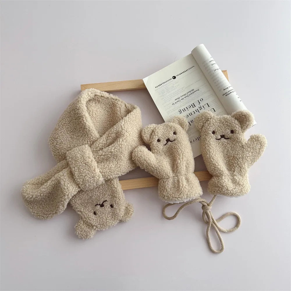 ネックウォーマー Khaki キッズマフラー ミトン 2点セット 手袋 クマベア うさぎラビット 3カラー ユニセックス 男の子 女の子 子供服【mh0003326】