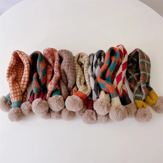 ネックウォーマー キッズマフラー ぽんぽん付きネックウォーマー アーガイルチェック ユニセックス 男の子 女の子 子供服【mh0003397】