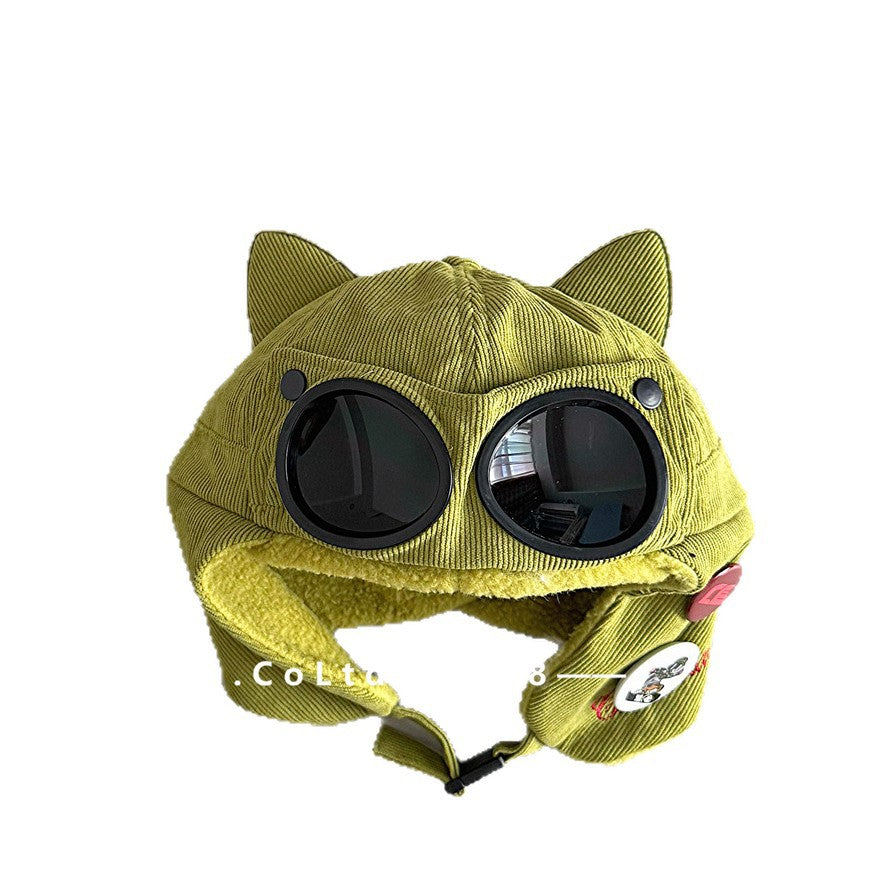 キッズ用猫耳フライトハット(グリーン)サングラス付き
