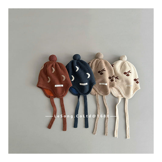 ベビー用帽子 ベビー帽子 チェリー/ムーン月 ニット 耳当て付き ニットキャップ【mh0011829】