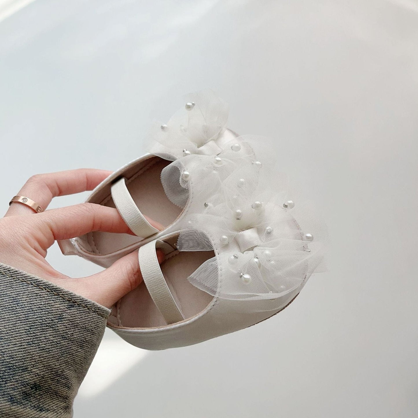 ベビー用靴 White / S (inseam 11 cm) ベビーシューズ チュールリボンパールフラットバレエシューズ【mh0009717】