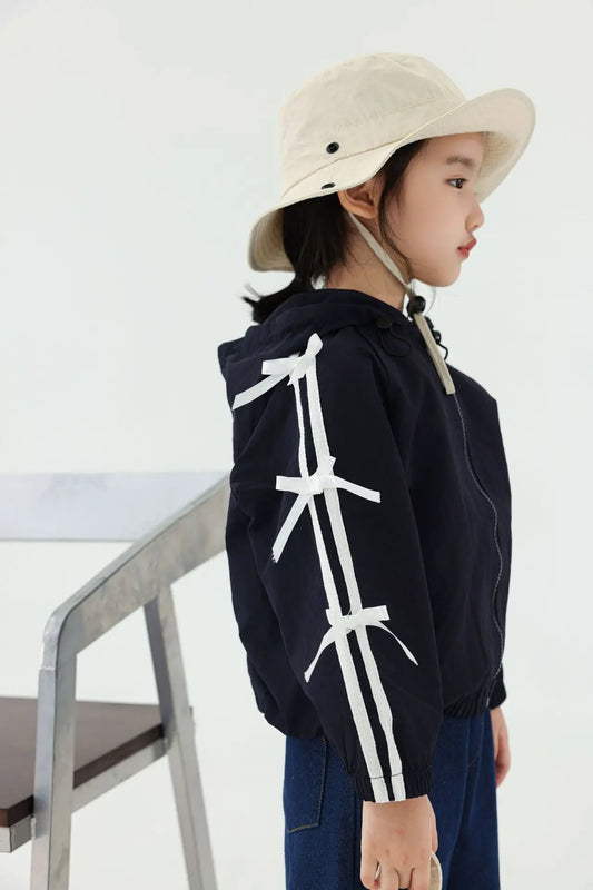 カーディガン・パーカー キッズトップス 長袖サイドリボンラインフーディジップアップパーカー ダークブルー