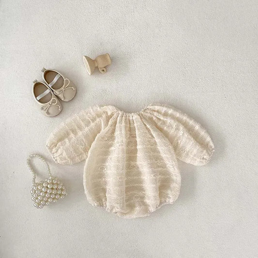 長袖ロンパース ベビーロンパース ビッグリボンレースフリル長袖ボディスーツ ベージュ