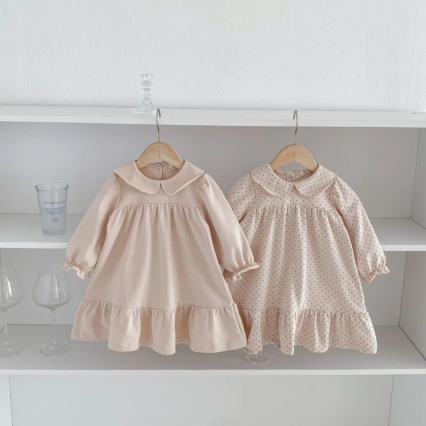 長袖ワンピース キッズワンピース 長袖フリル丸襟ワンピース 無地/水玉ドットプリント