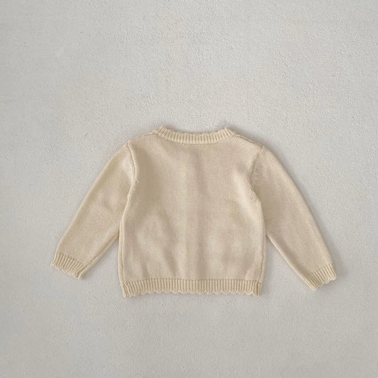 カーディガン・パーカー ベビーカーディガン ニットジャケット フラワーアップリケ アプリコットホワイト