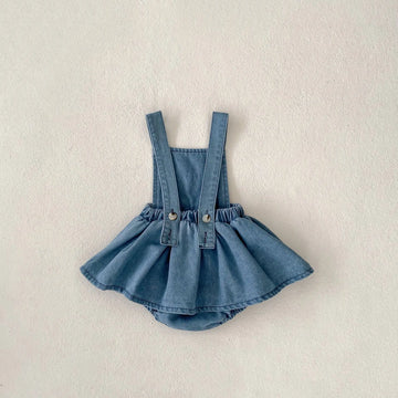 ノースリーブロンパース ベビーロンパース デニム サスペンダースカートボディスーツ レターロゴ刺繍