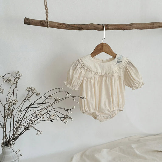 半袖ロンパース ベビーロンパース 半袖ボディスーツ フラワー花柄刺繍 アプリコット