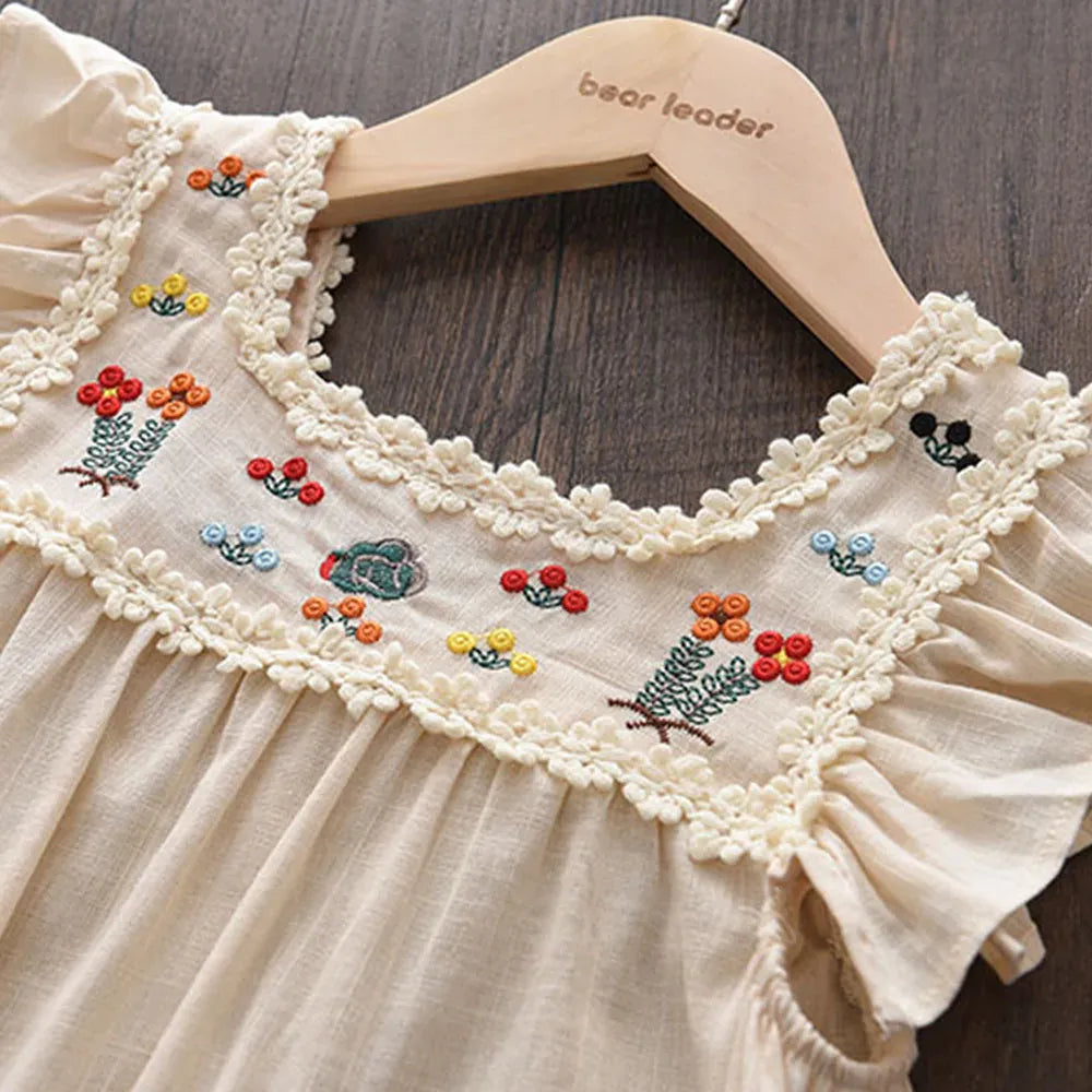 キッズ用サマードレス 襟ぐりレース カラフルな花の刺繍