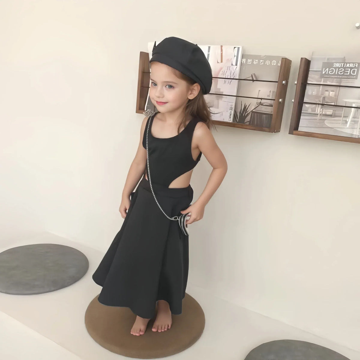 子ども用黒のノースリーブワンピース、背中のオープンデザイン