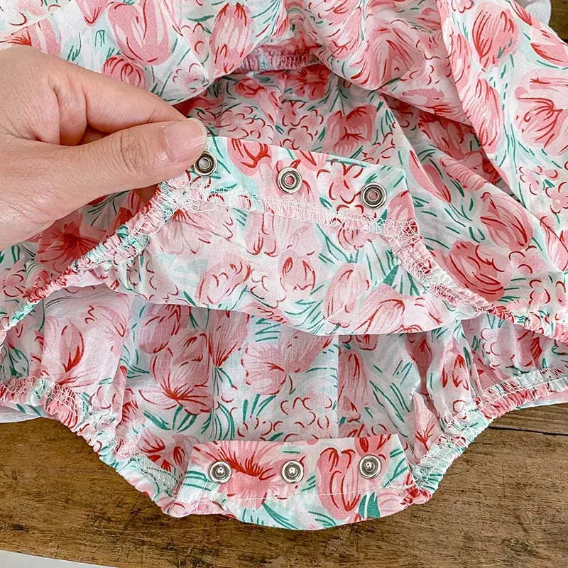 半袖ロンパース ベビーロンパース 半袖フリルスカートボディスーツ フラワー花柄プリント